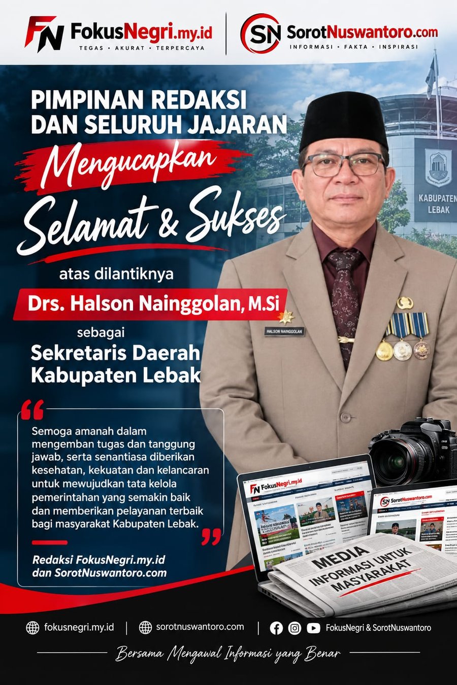 Halson Nainggolan Resmi Jadi Sekda Lebak, SorotNuswantoro Sampaikan Ucapan Selamat
