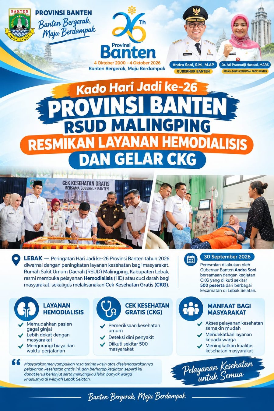 Kado Hari Jadi ke-26 Banten, RSUD Malingping Resmikan Layanan Hemodialisis dan Gelar CKG