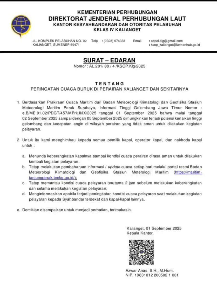 Ksop Kelas Iv Kalianget Keluarkan Peringatan Tentang Cuaca Buruk, Imba