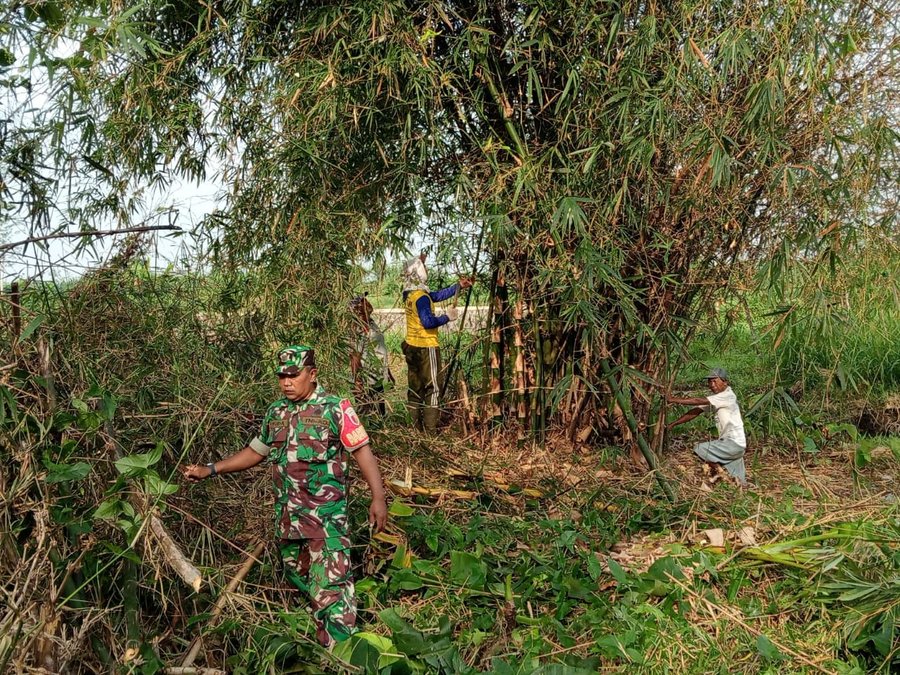 Babinsa Kelurahan Bence Ajak Warga Bersihkan Ranting Bambu Yang Menutu